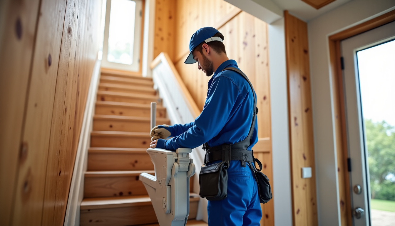 Technicien installant un monte-escalier dans une maison de Toutainville