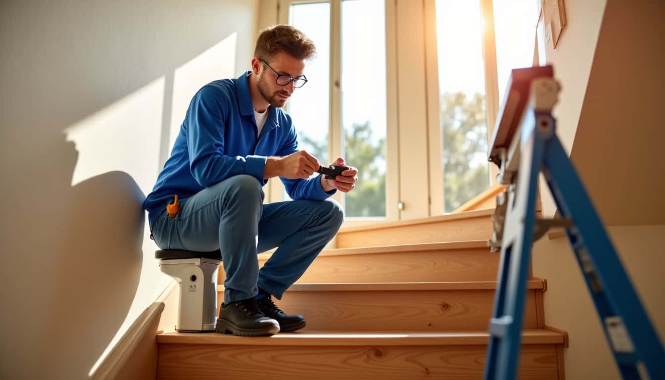 Technicien installant un monte-escalier dans une villa à Hyères