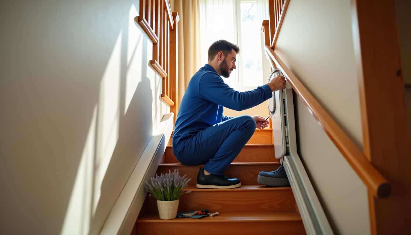 Technicien installant un monte-escalier droit dans une maison de Cublize