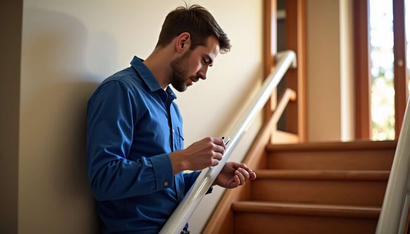 Technicien installant un monte-escalier intérieur dans une maison à Lyon