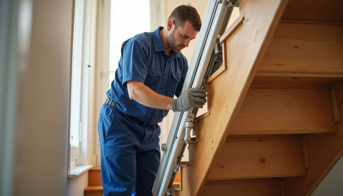 Technicien installant un monte-escalier reconditionné dans une maison à Saint-Baudelle