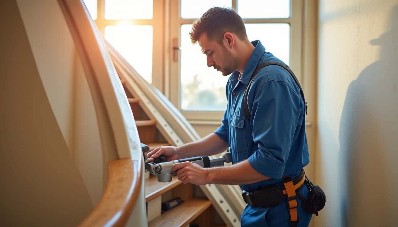 Technicien installant un monte-escalier tournant à La Roche-de-Glun