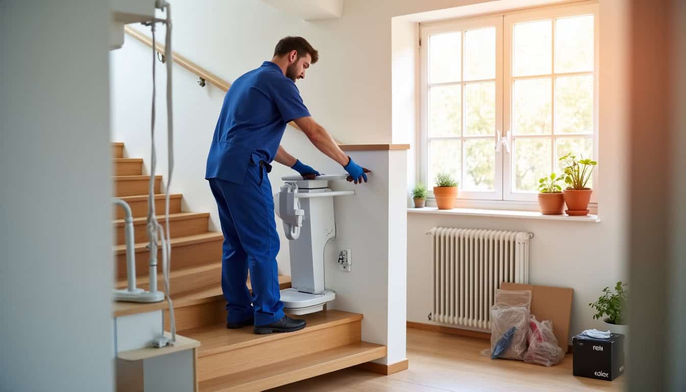 Technicien installant un monte-escalier tournant à Saint-Drézéry