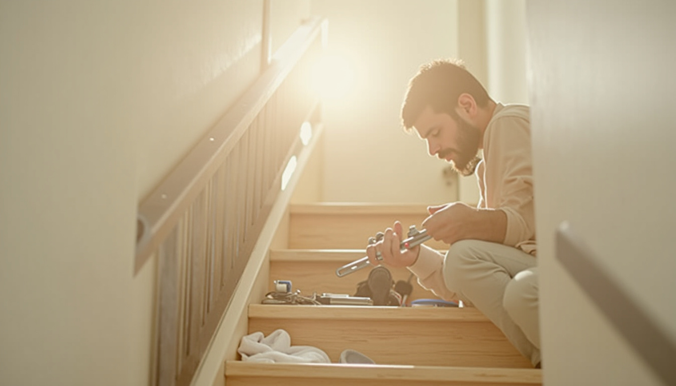 Technicien local ajustant un rail de monte-escalier lors d