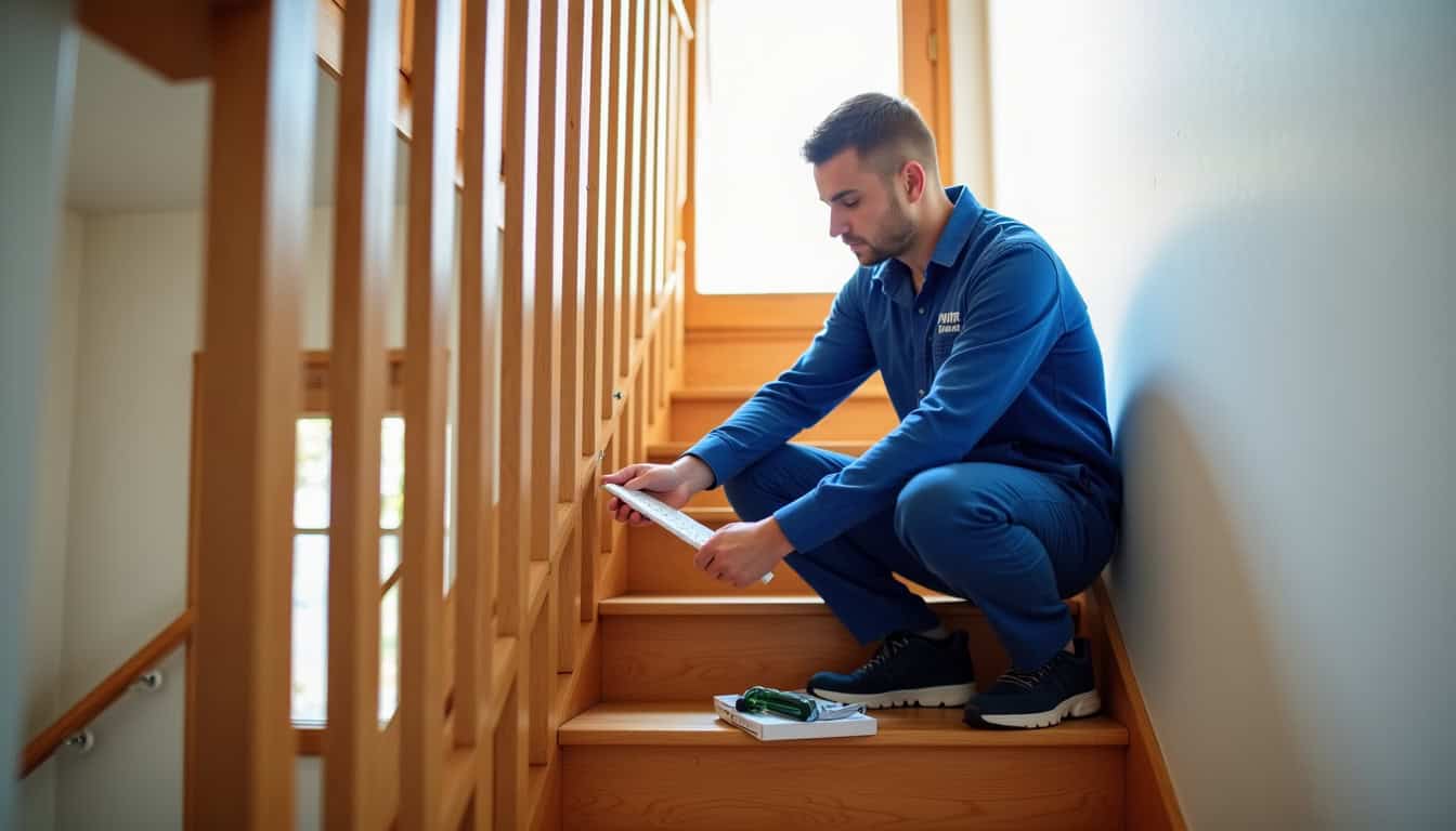Technicien local en train de diagnostiquer un escalier à Plaine-Haute, outils en main
