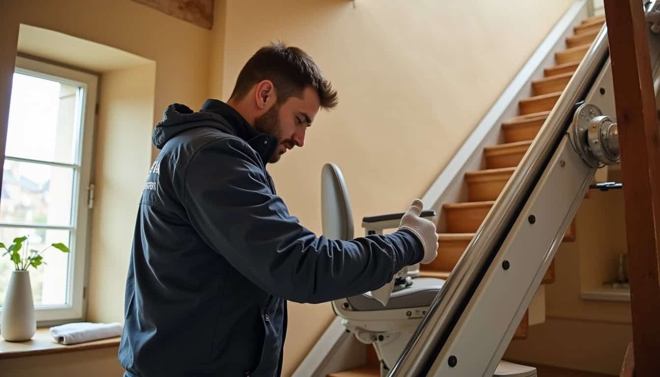 Technicien local installant un monte-escalier à Quimper