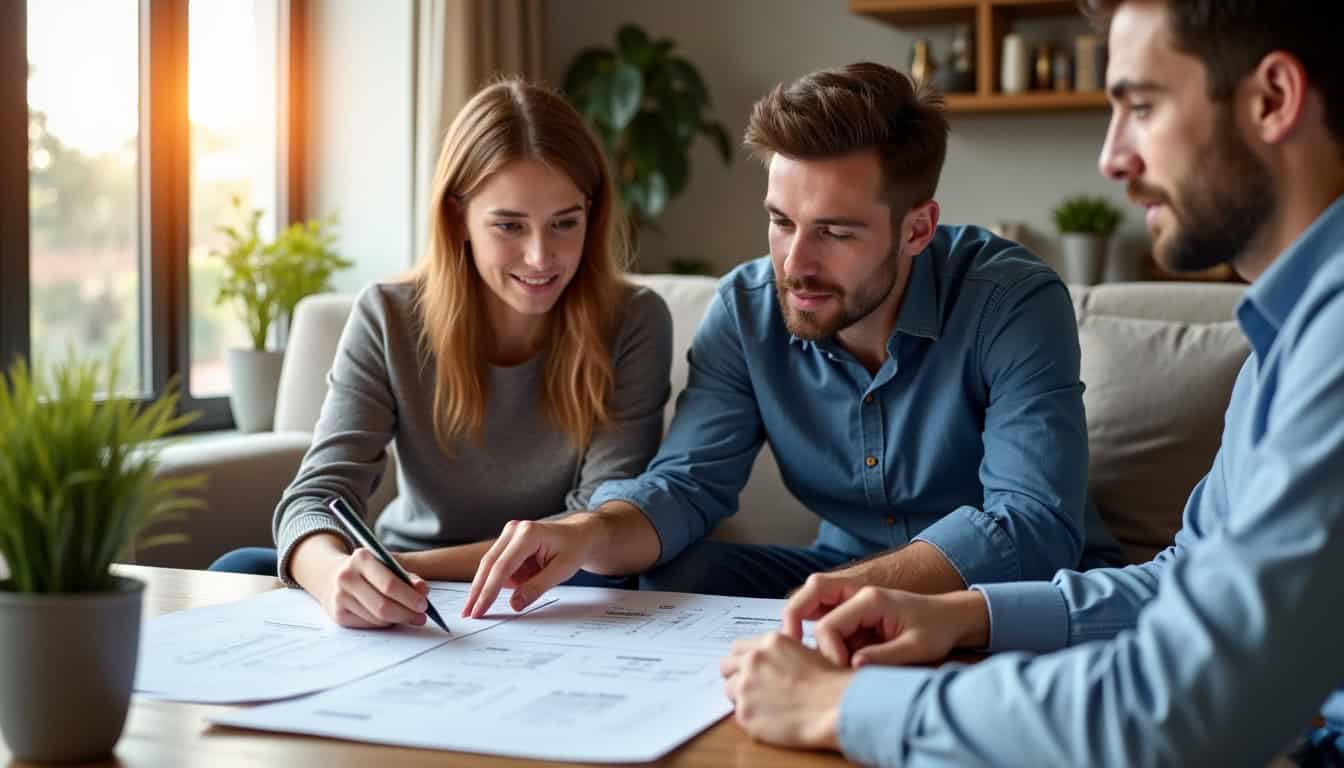 Technicien local présentant un devis détaillé à un couple dans leur salon, plans d
