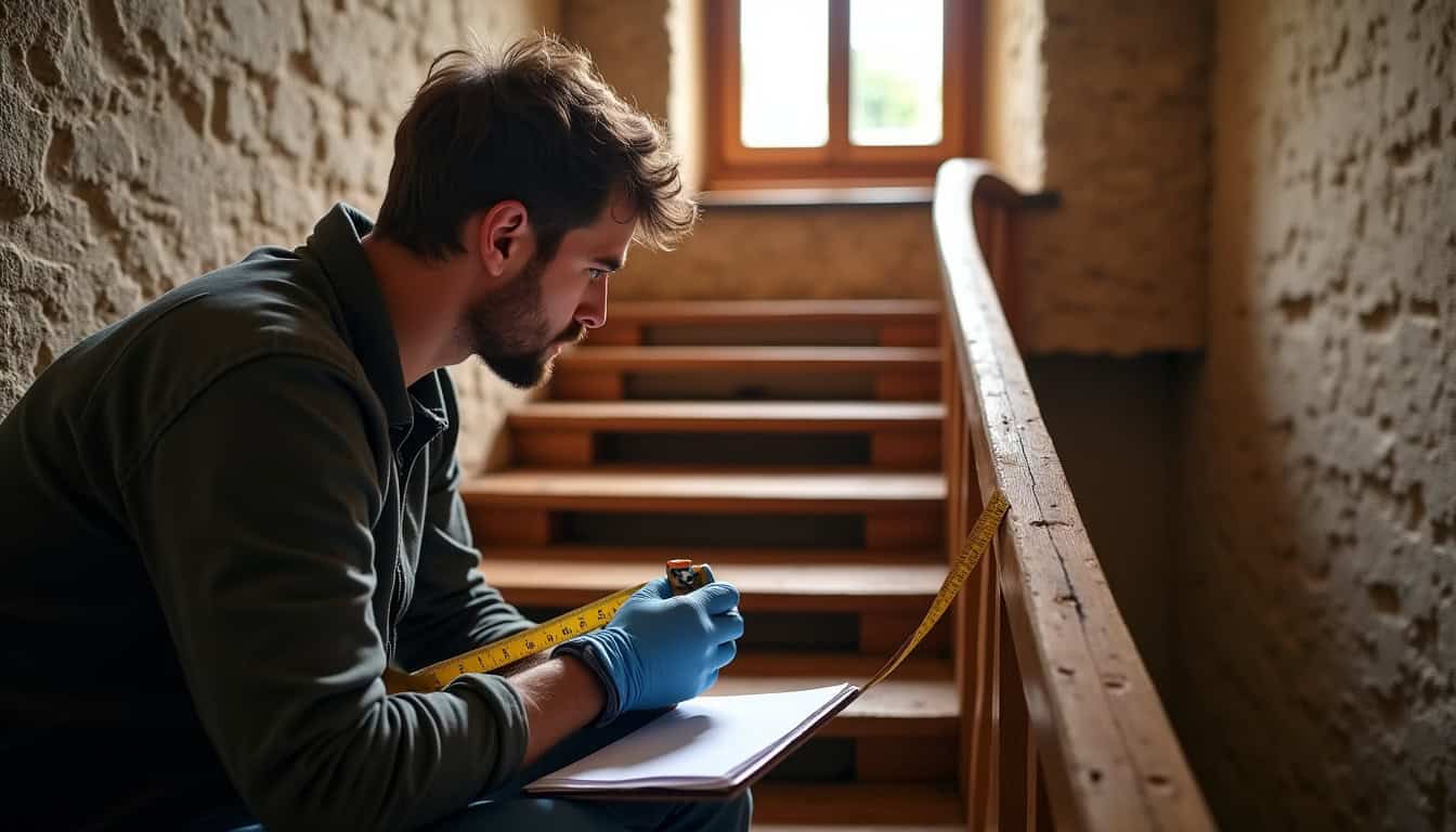 Technicien local vérifiant les mesures d’un escalier à Plonévez-du-Faou avant installation