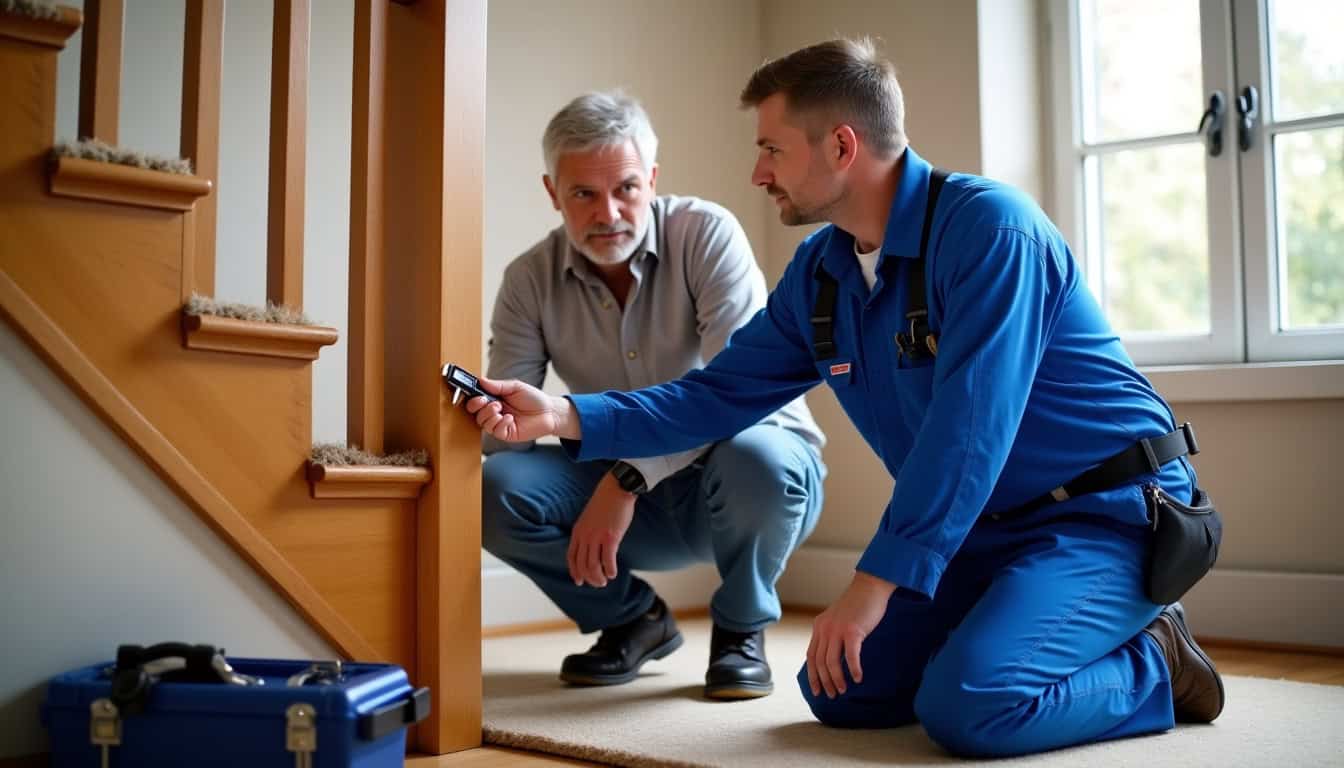 Technicien lors d’un diagnostic à domicile pour un monte-escalier à Saint-André-sur-Vieux-Jonc