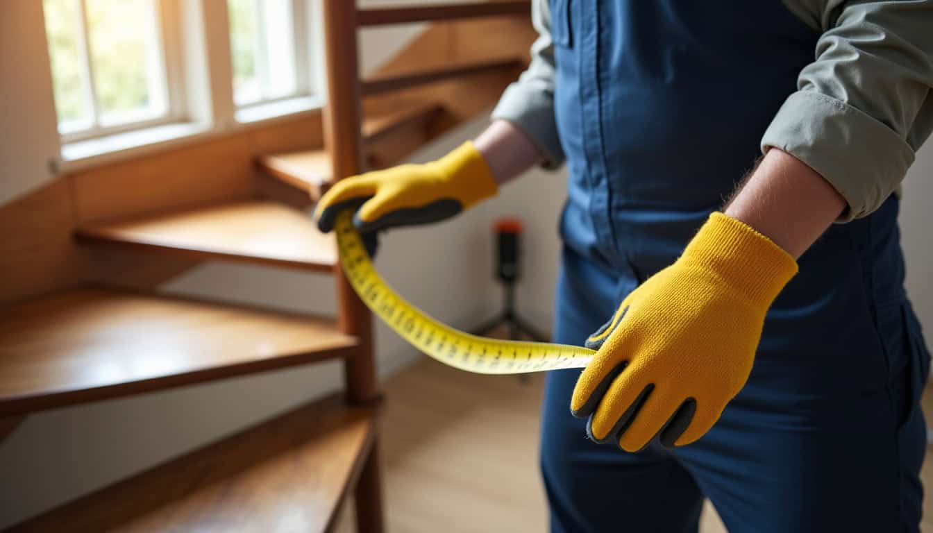 Technicien mesurant un escalier en colimaçon pour l