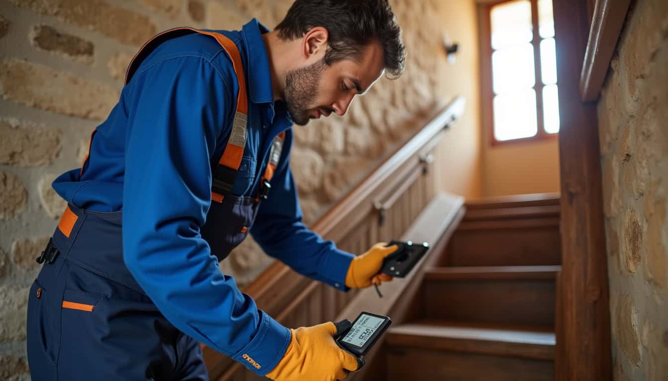 Technicien prenant des mesures dans un escalier à Saint-Baudelle avant installation