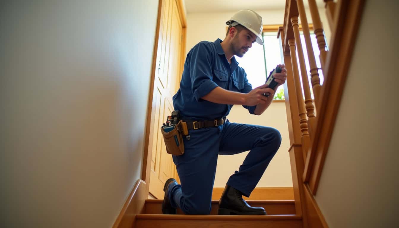 Technicien prenant des mesures dans un escalier pour un devis de monte-escalier