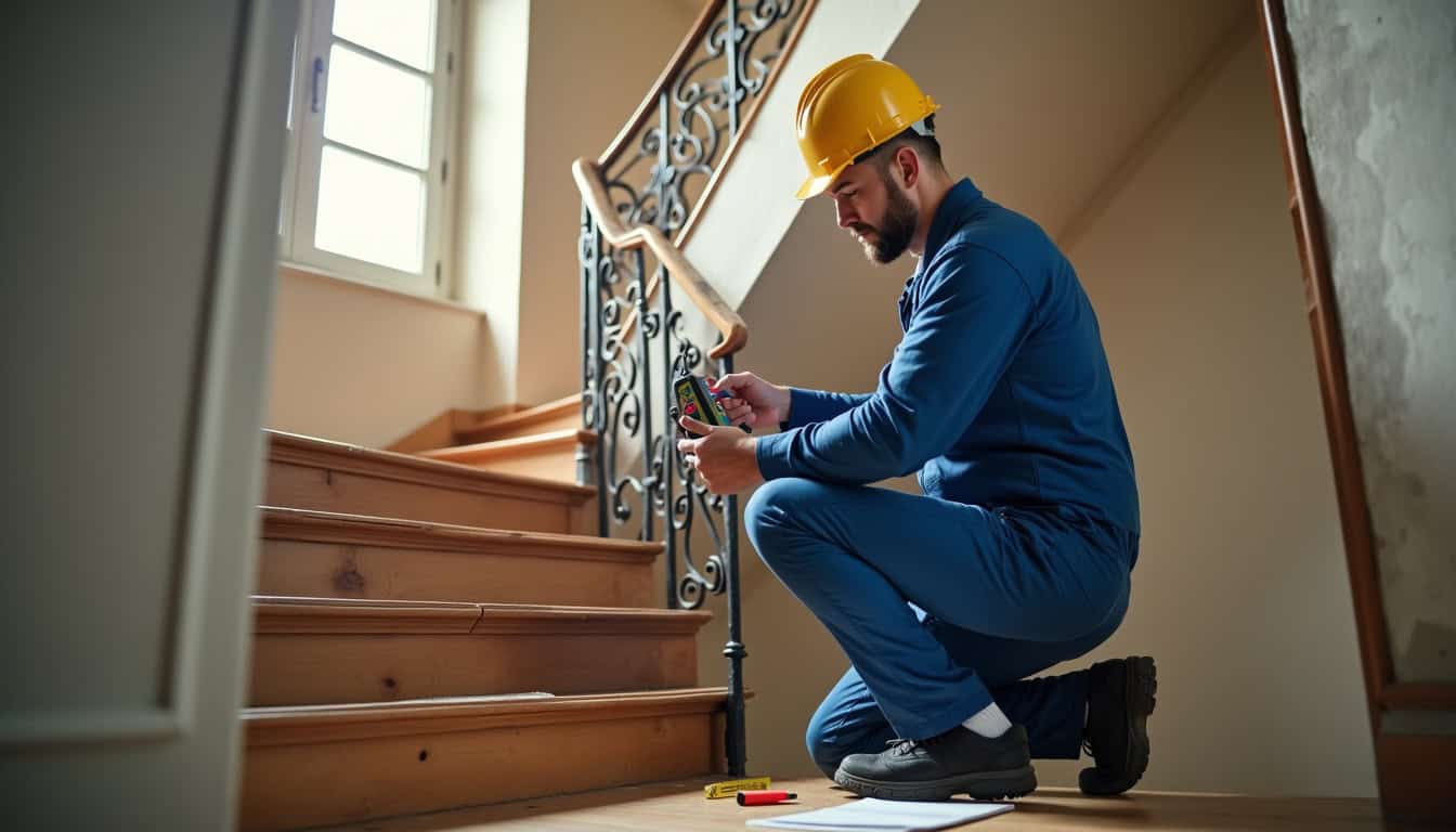 Technicien prenant des mesures dans une maison pour un devis de monte-escalier à La Feuillie