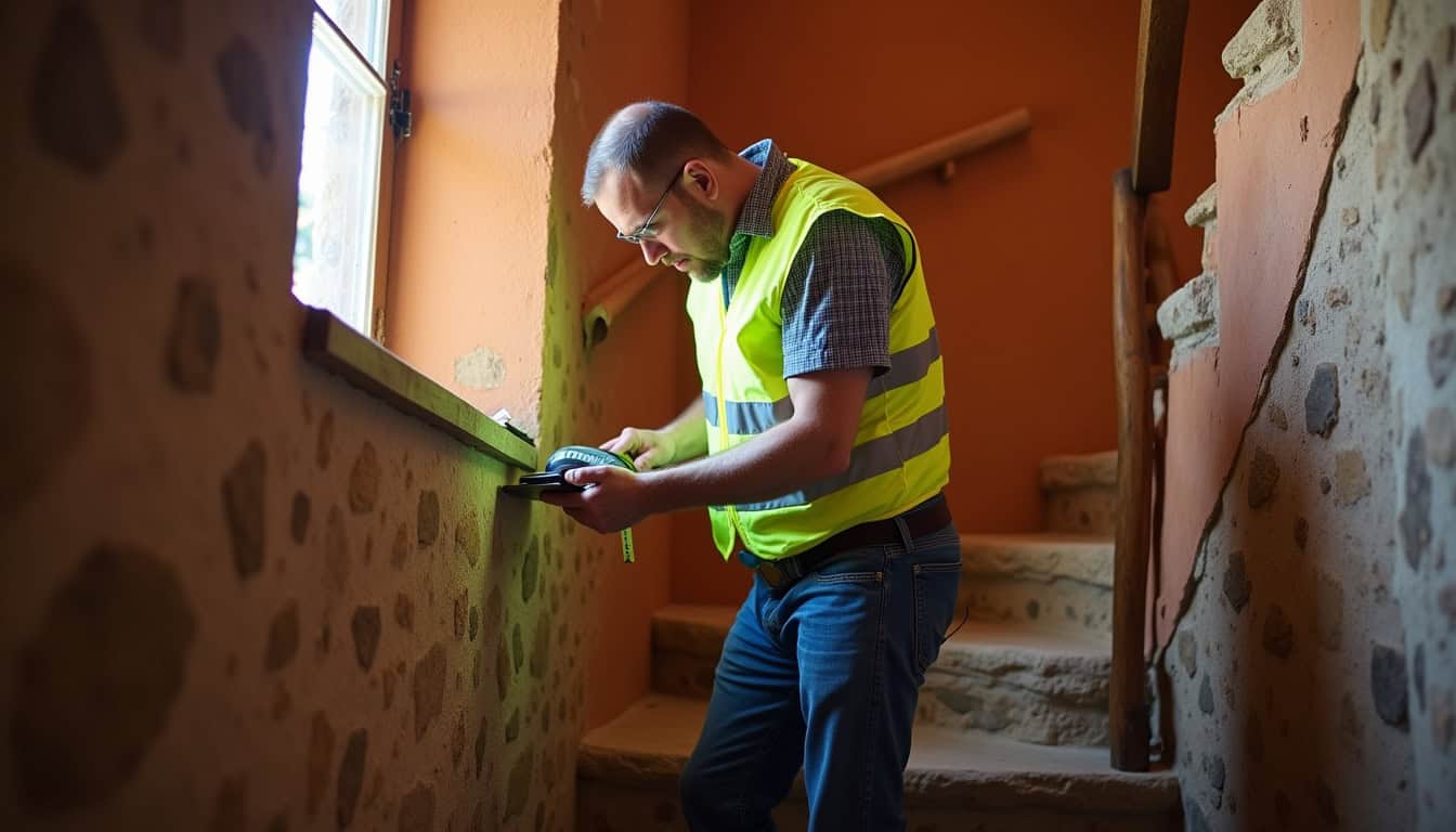 Technicien prenant des mesures pour un devis de monte-escalier à Arles-sur-Tech