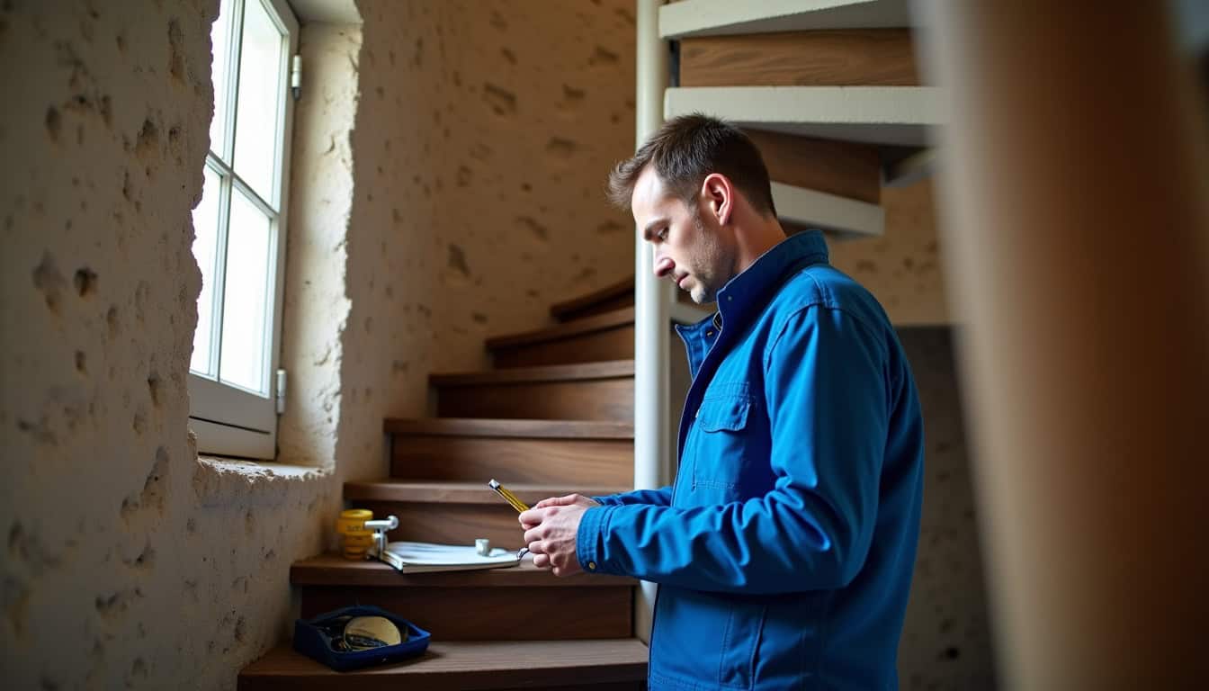 Technicien prenant des mesures pour un devis de monte-escalier à Cunlhat