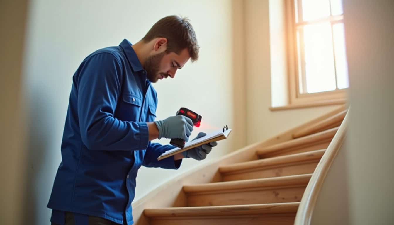 Technicien prenant des mesures pour un devis de monte-escalier à Monistrol-sur-Loire