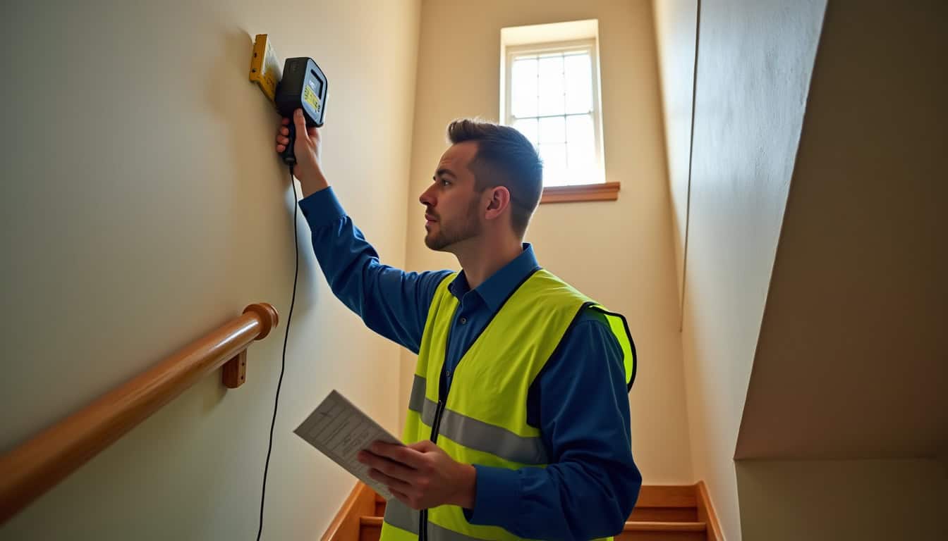 Technicien prenant des mesures pour un devis de monte-escalier à Trébeurden