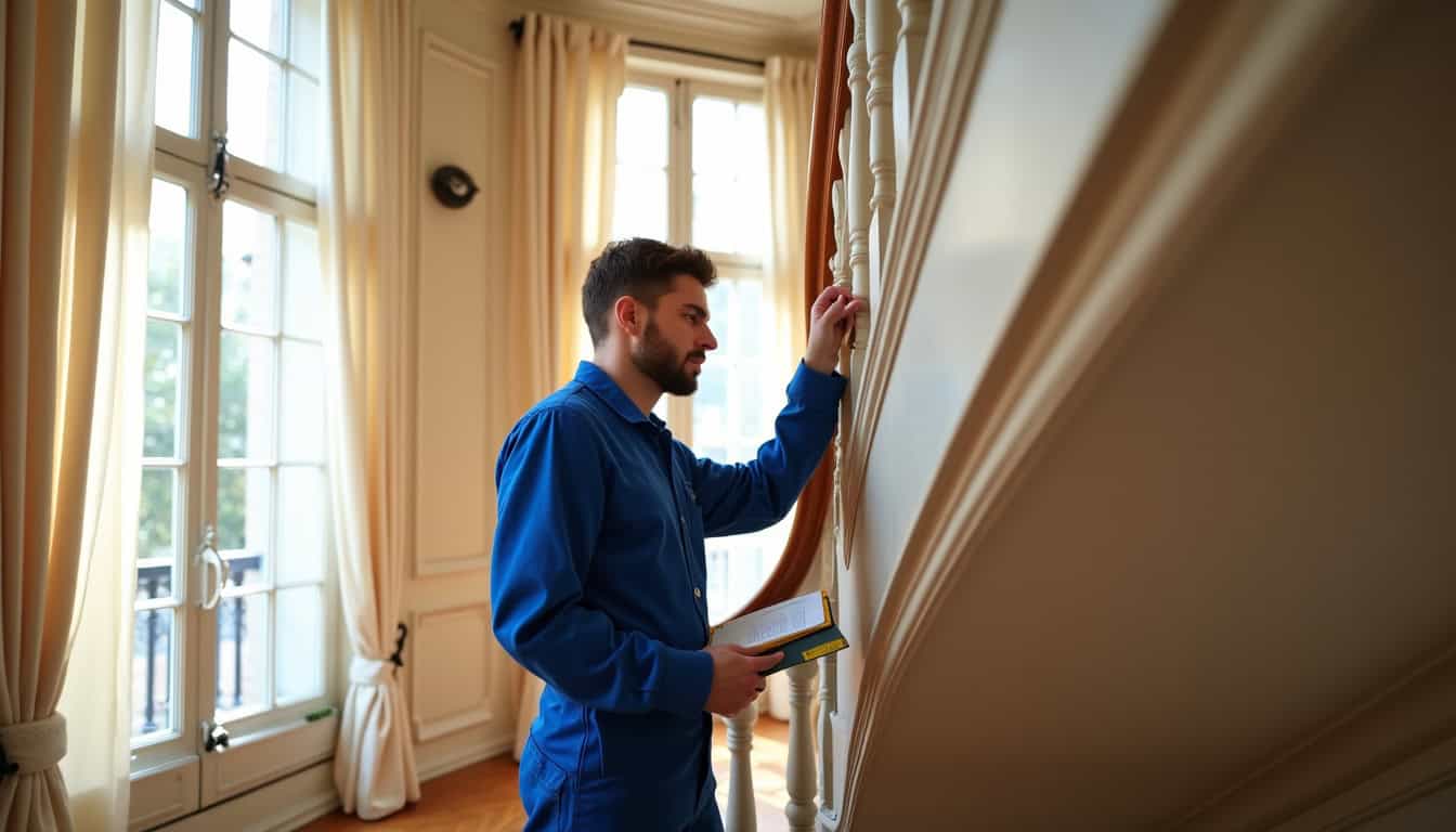 Technicien prenant des mesures pour un devis de monte-escalier dans un appartement parisien