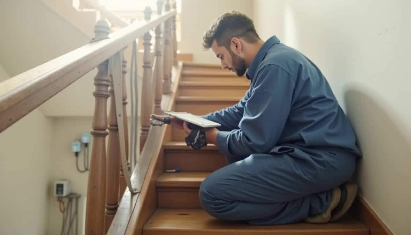Technicien prenant des mesures pour un devis de monte-escalier sur mesure