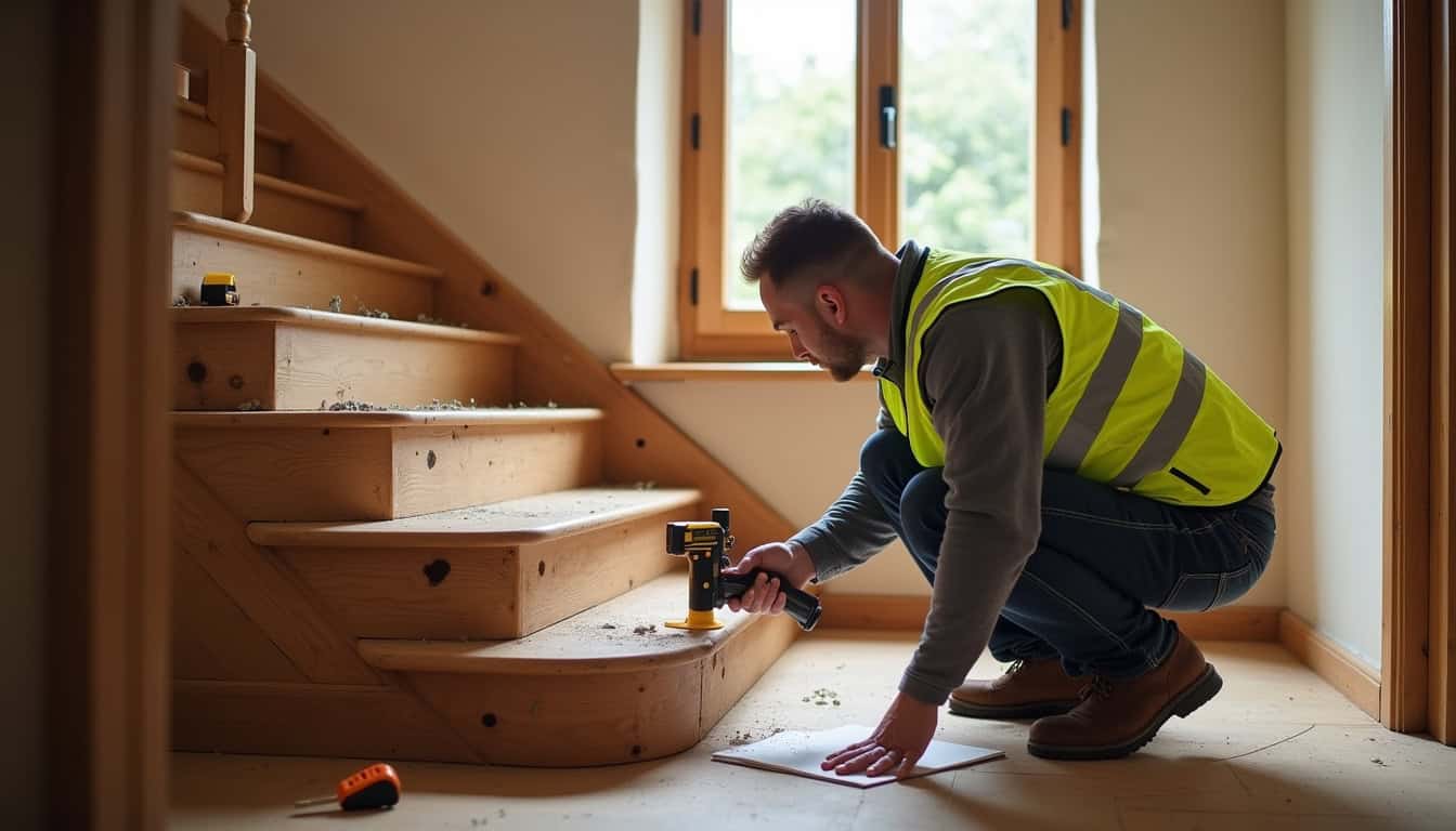Technicien prenant des mesures pour un monte-escalier sur mesure à Guémené-sur-Scorff