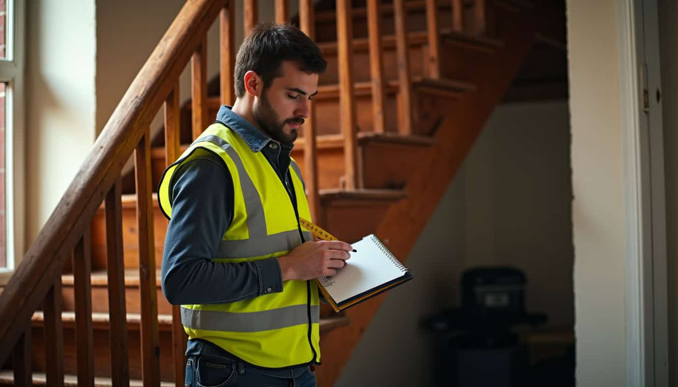 Technicien prenant des mesures sur un escalier avant installation