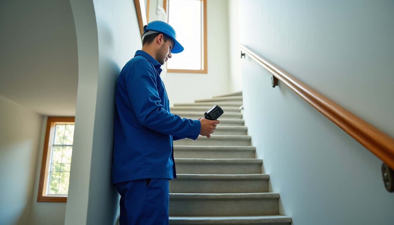 Technicien prenant des mesures sur un escalier en vue d