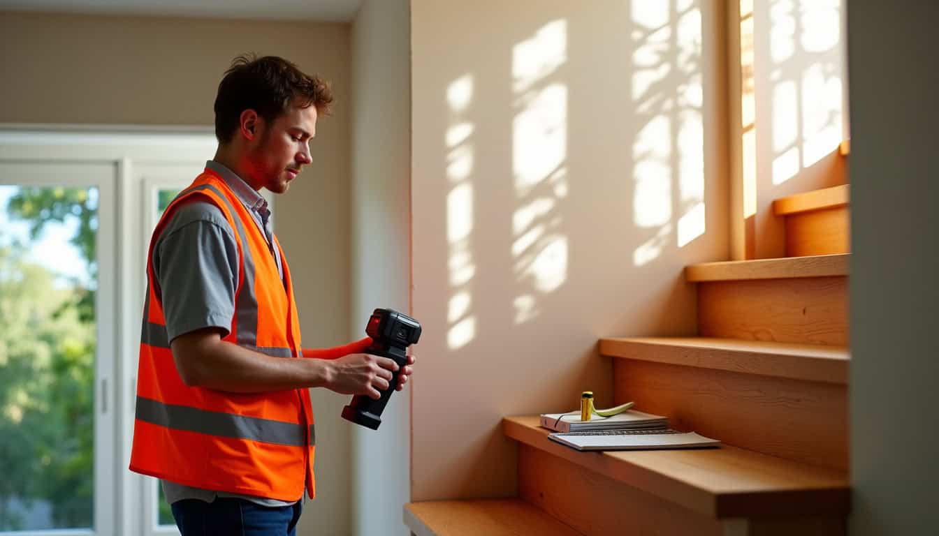 Technicien prenant des mesures sur un escalier pour établir un devis de monte-escalier à Les Trois-Bassins