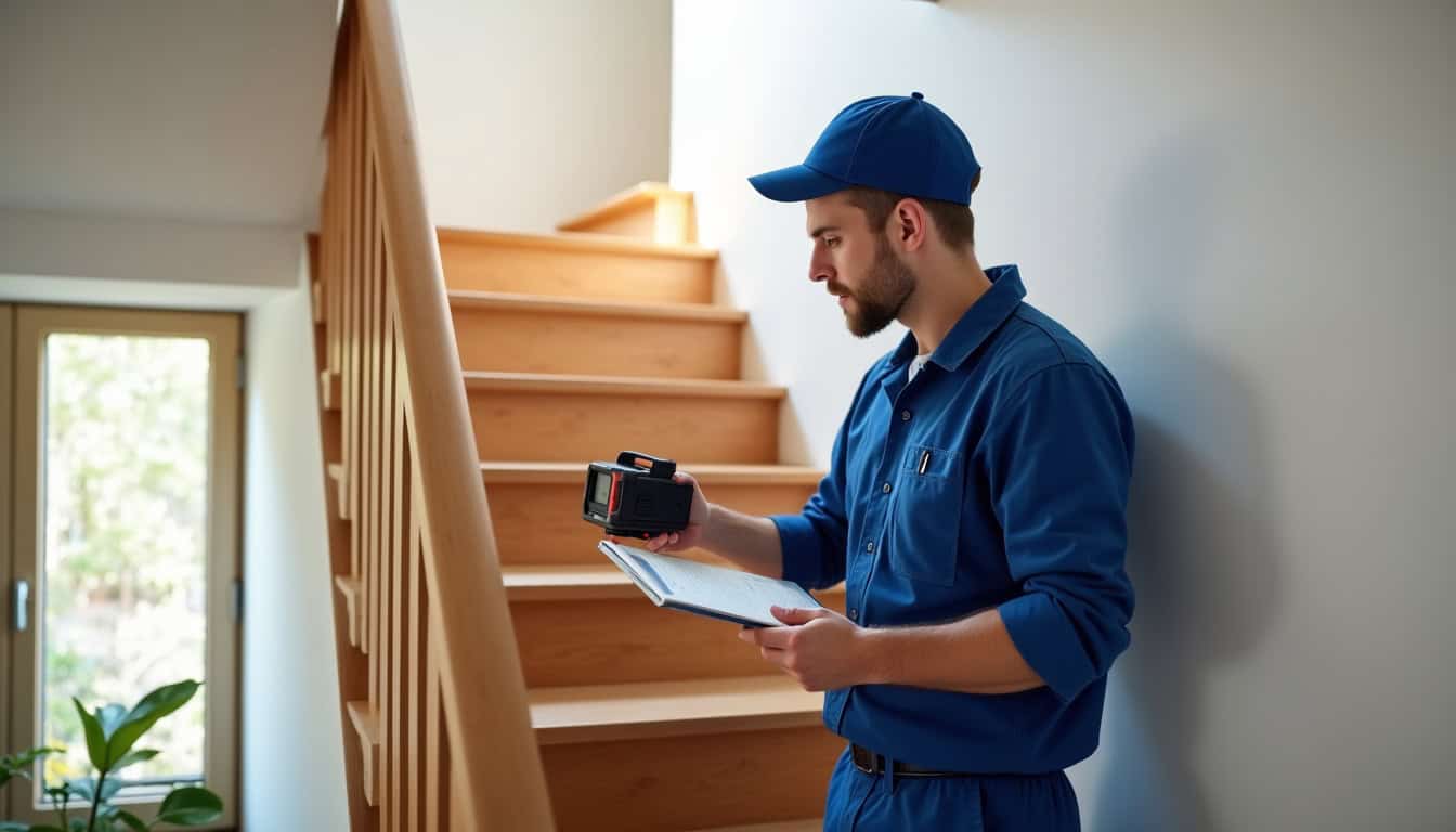Technicien prenant les mesures d’un escalier intérieur à Meudon pour un devis monte-escalier