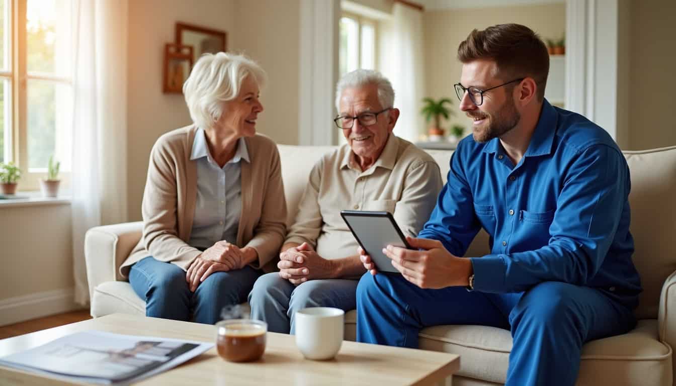 Technicien présentant un devis sur tablette à un couple âgé dans leur salon