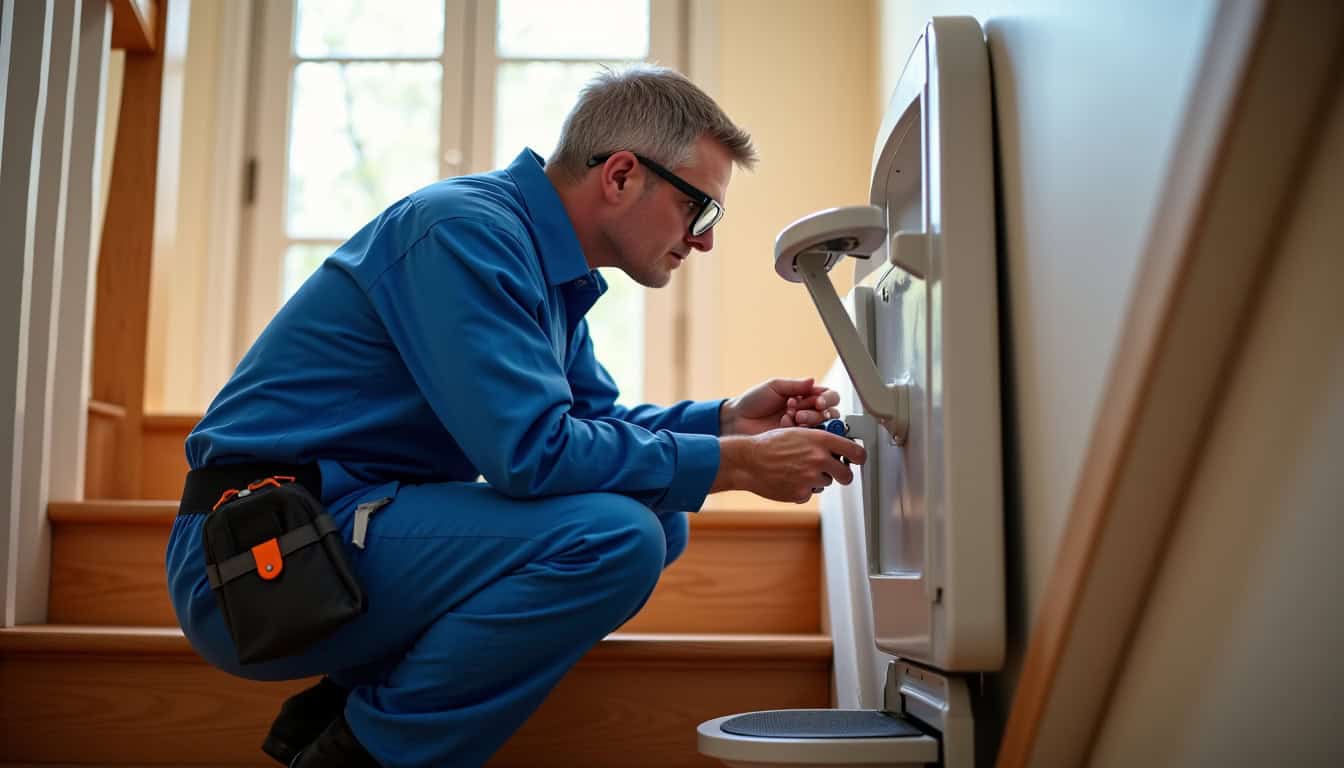 Technicien procédant à l’entretien d’un monte-escalier