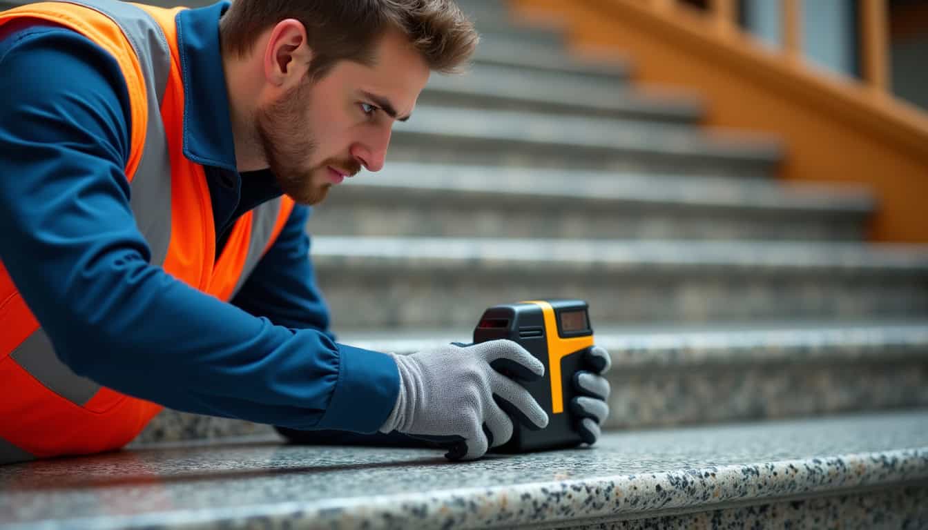 Technicien professionnel en train de mesurer un escalier en granit pour l’installation d’un monte-escalier courbe