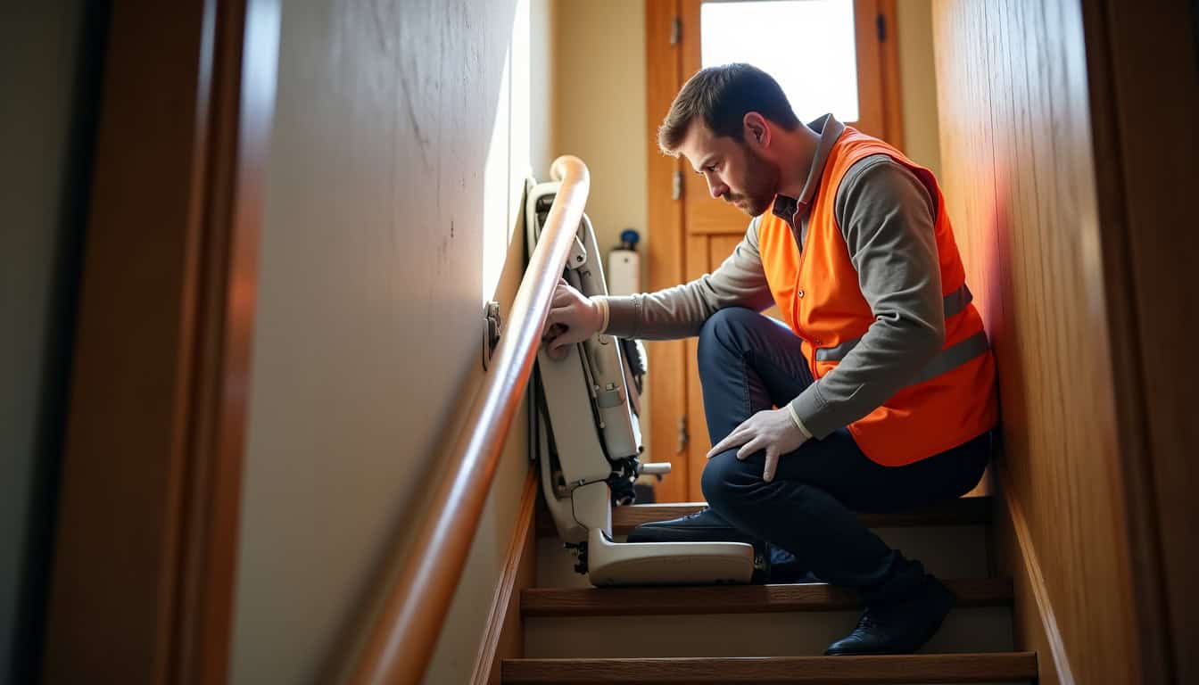 Technicien professionnel en train d’installer un monte-escalier à Maubourguet