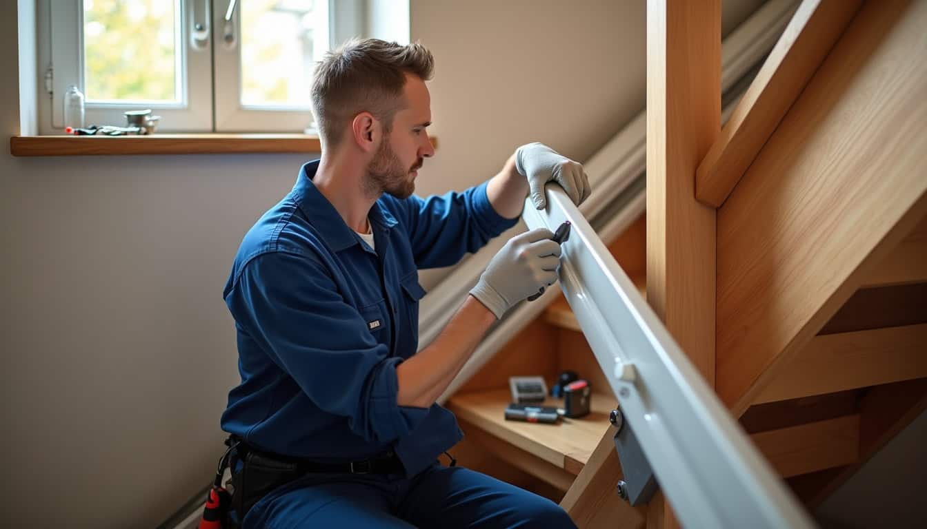 Technicien professionnel en train d’installer un monte-escalier dans une maison à Ucel