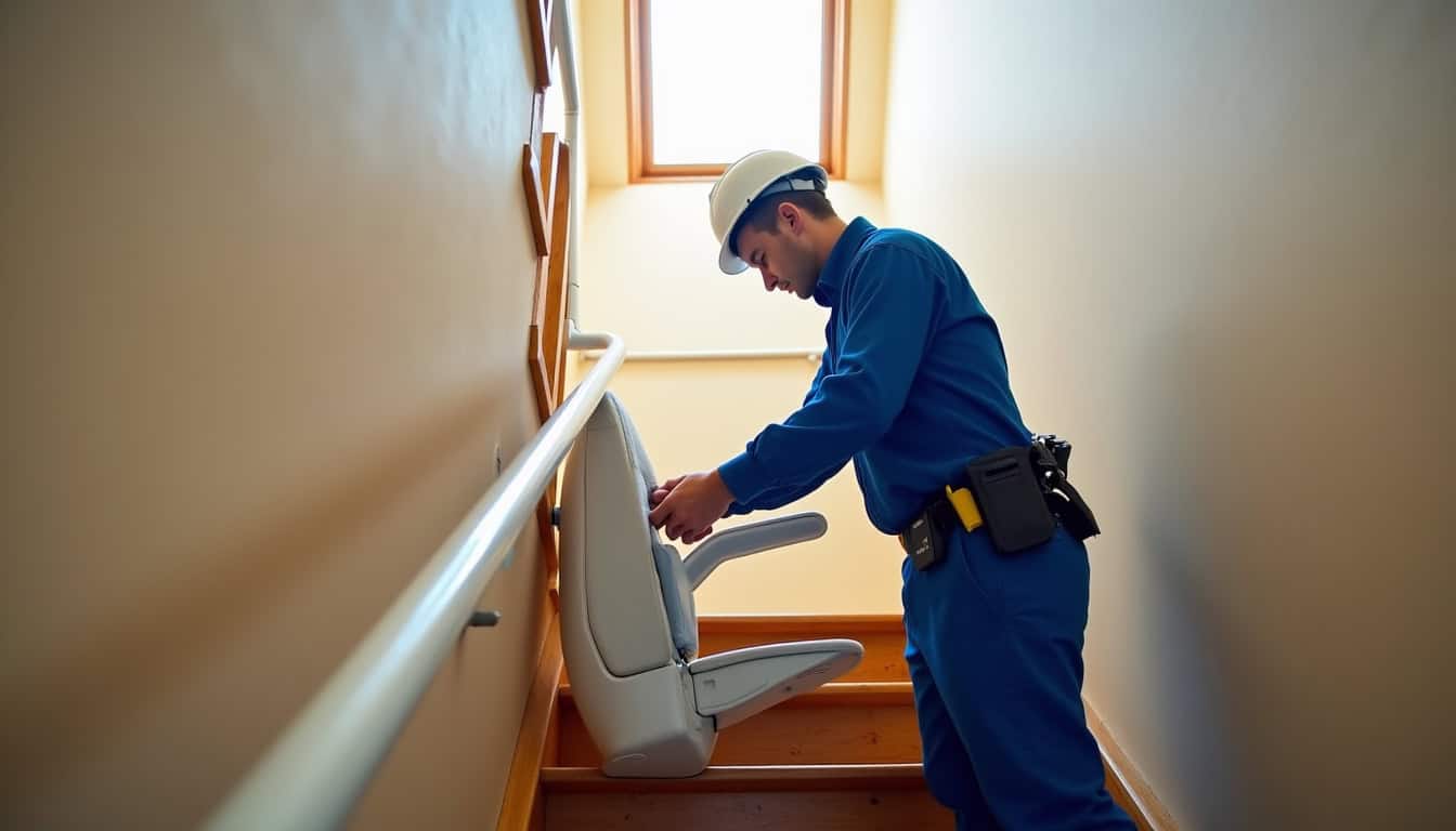 Technicien professionnel en train d’installer un monte-escalier intérieur droit dans un escalier de maison à Melun