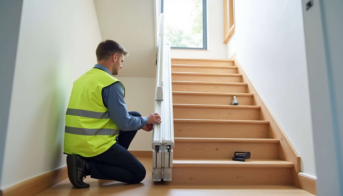 Technicien professionnel en train d’installer un monte-escalier sur un escalier droit