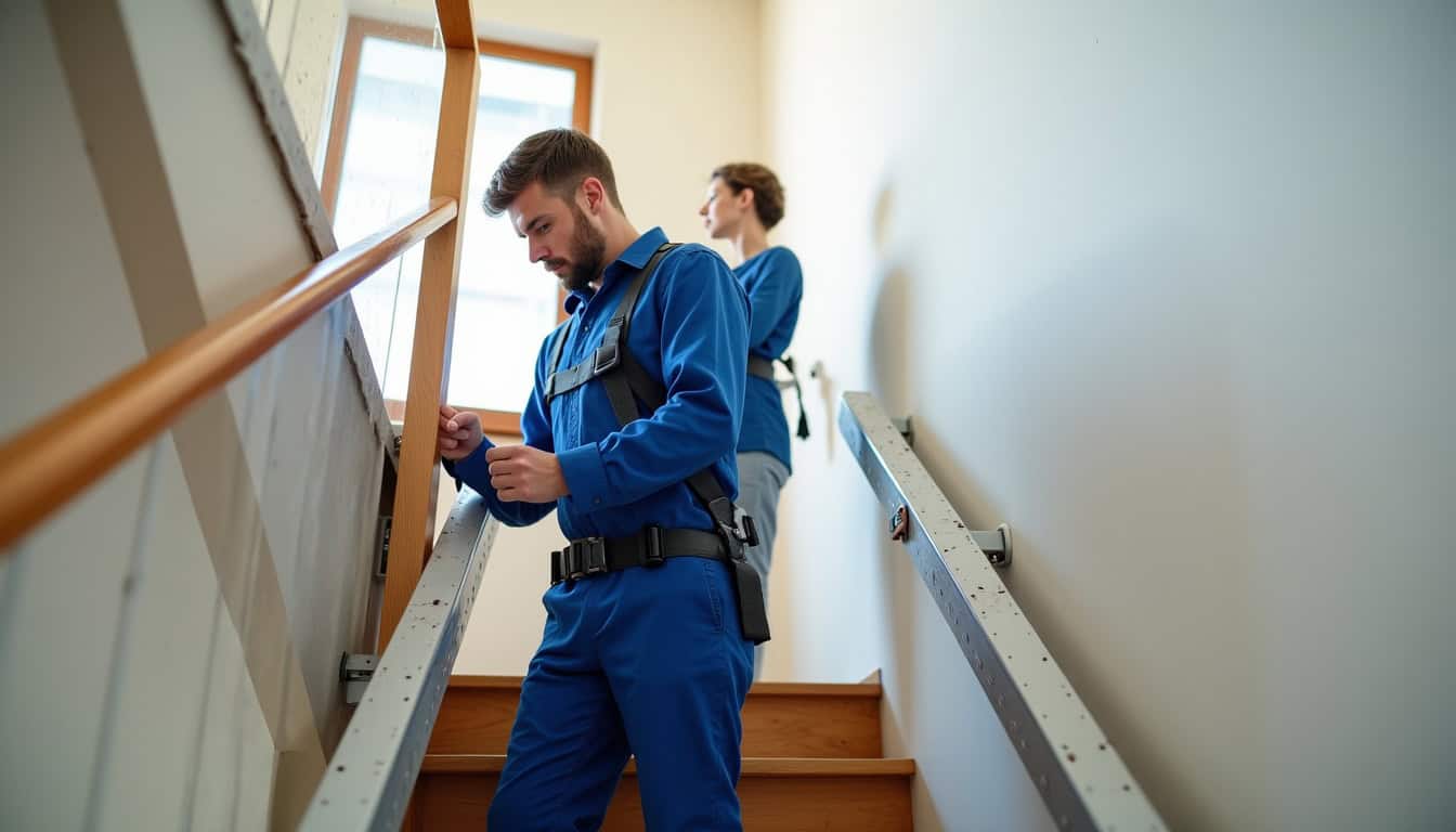 Technicien professionnel installant un monte-escalier dans une maison à Agnetz