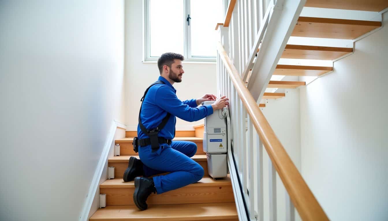 Technicien professionnel installant un monte-escalier dans une maison à Pierry