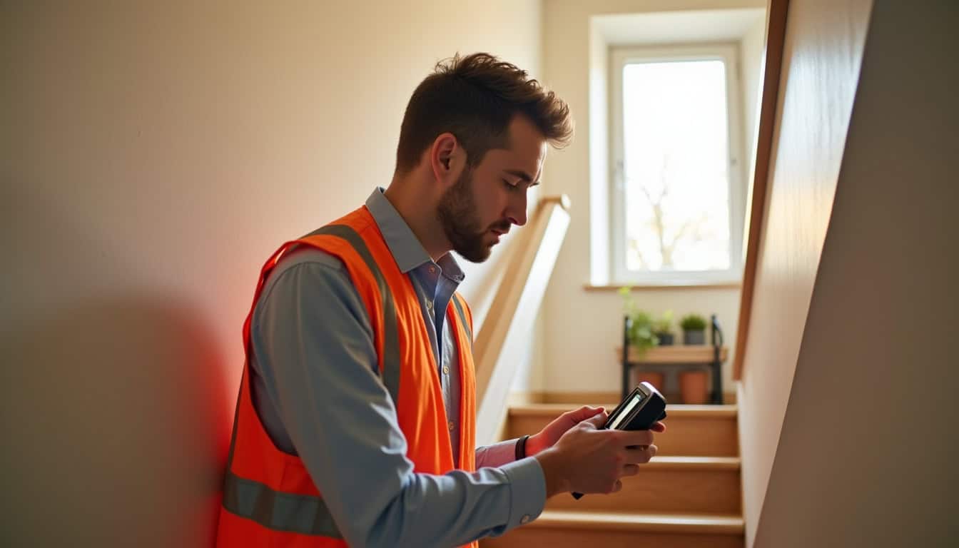 Technicien professionnel réalisant une étude sur un escalier à Gueux pour l