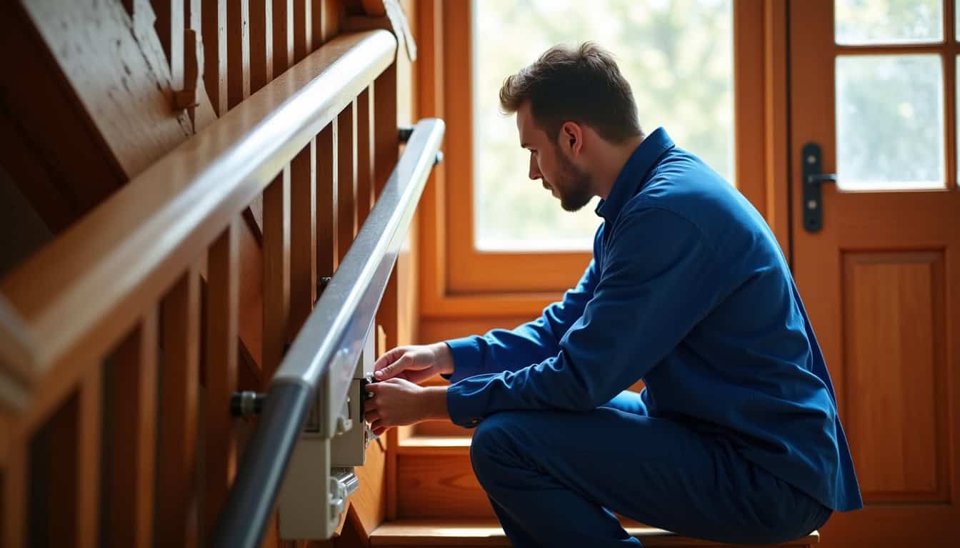 Technicien professionnel vérifiant le fonctionnement d’un monte-escalier dans une maison à Saint-Viaud
