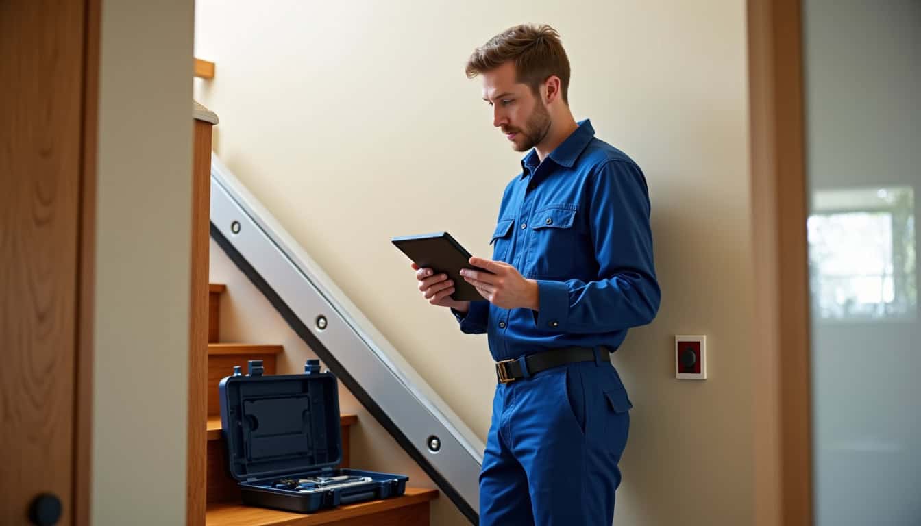 Technicien professionnel vérifiant un monte-escalier lors d