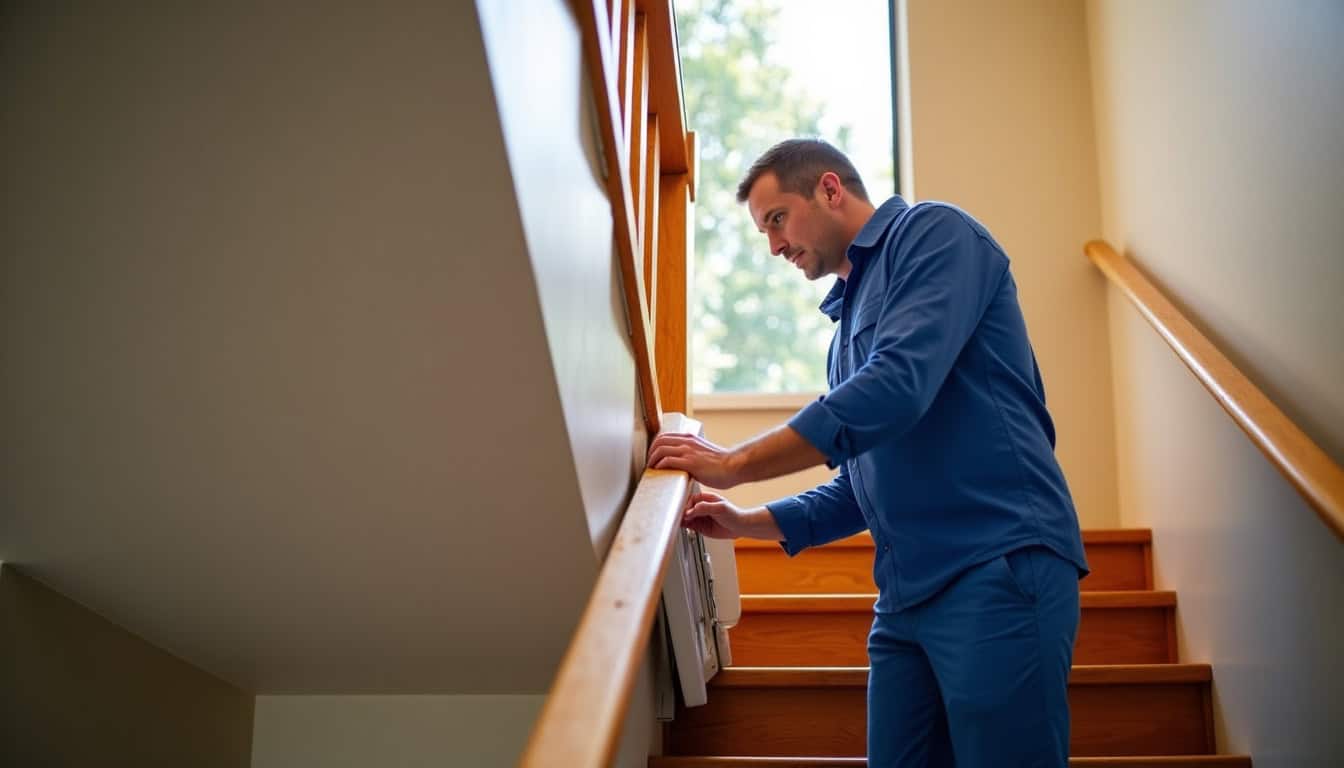 Technicien qualifié ajustant un monte-escalier dans une maison à Cublize