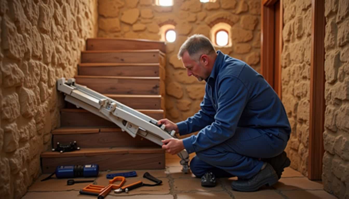 Technicien qualifié en train d’installer un monte-escalier dans une maison du Cantal