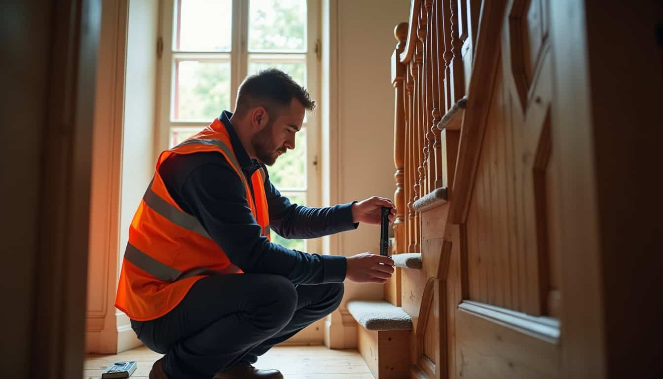 Technicien qualifié utilisant un outil de mesure sur un escalier lors d