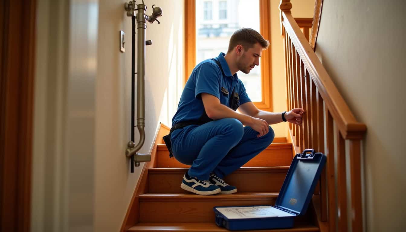 Technicien réalisant un diagnostic d’installation d’un monte-escalier dans une maison à Le Vivier-sur-Mer