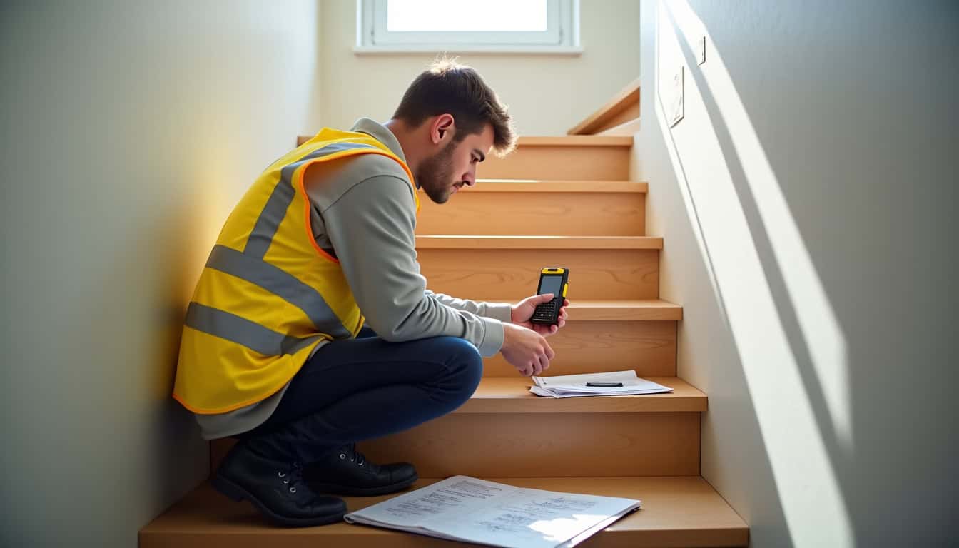 Technicien réalisant une étude de faisabilité pour un monte-escalier à Plédran