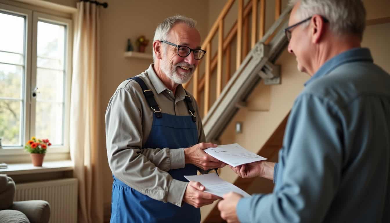 Technicien remettant un devis pour un monte-escalier dans l
