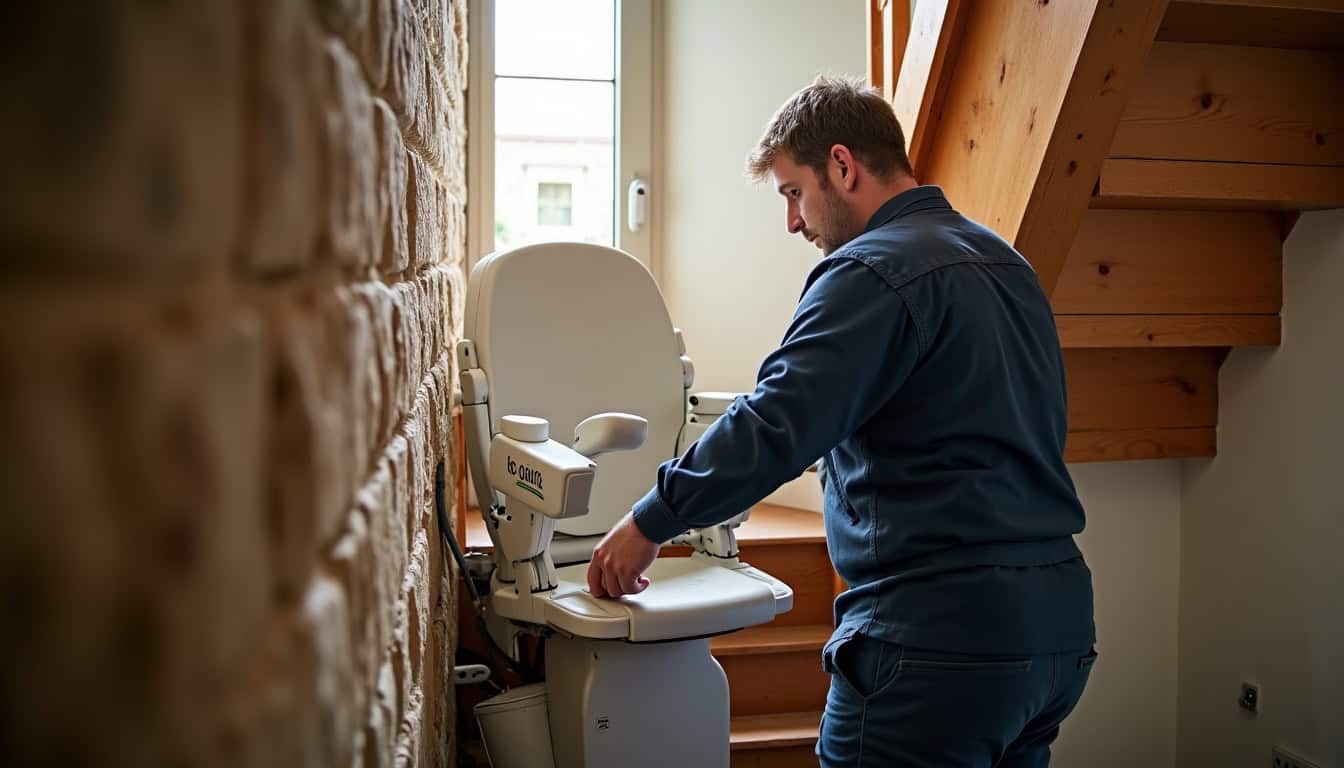 Technicien RGE en train d’installer un monte-escalier à Saint-Germain-sur-Ille