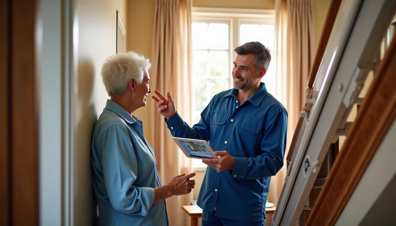 Technicien spécialisé en monte-escalier discutant avec un client à Corpe