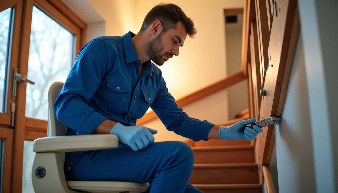 Technicien vérifiant le bon fonctionnement d’un monte-escalier à Autun
