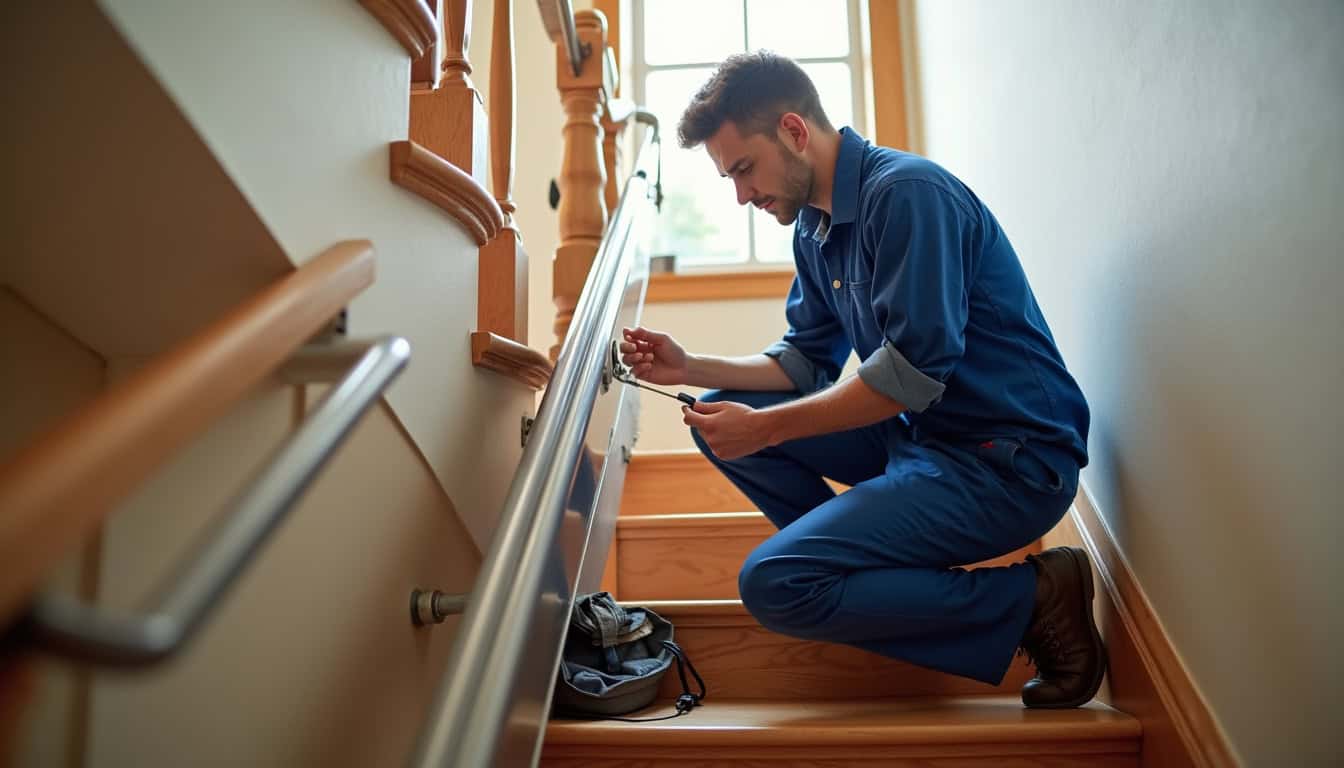 Technicien vérifiant le bon fonctionnement d’un monte-escalier lors d’une maintenance à Les Monts du Roumois